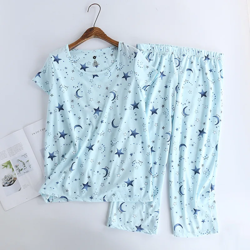 

New Home Wear Set Women's Knitted Cotton Cute Cartoon Leisure Pyjamas Women Short Sleeved Pajamas Set Woman Home Pijama Mujer