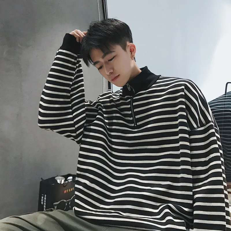 Goedkoop 2019 Voorjaar Nieuwe mannen Jeugd Koreaanse Versie Van Harajuku Stijl Paar Losse Casual Zwart wit Gestreepte Lui College trui