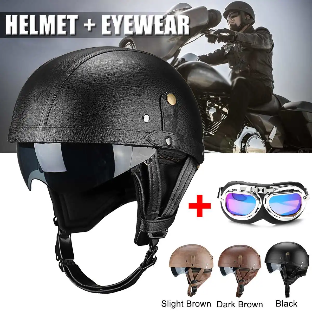 

Universal Motorcycle Helmets Vintage Leather Half Face Motorcycle Helmet Cruiser Scooter with Goggles Brown/Black