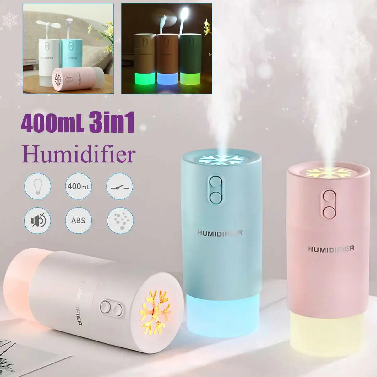 

3 In 1 400ml LED Nightlight USB Mini Air Humidifier Fan Intelligent Ultrasonic Mute Aromas Essential Oil Diffuser for Home Car