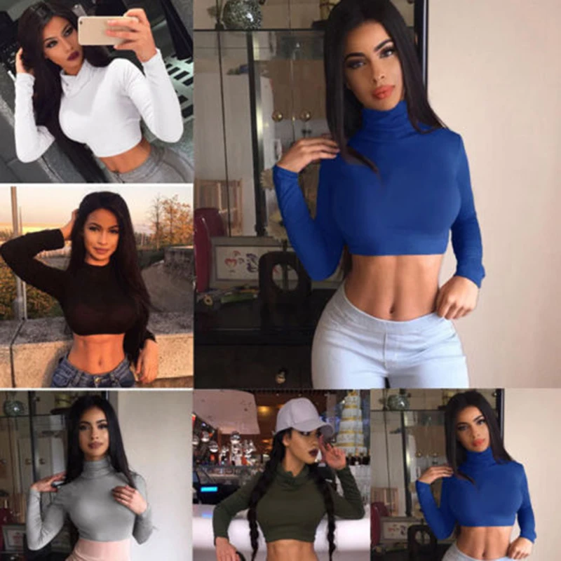 

Hot Womens T-shirt Top Turtle Neck Crop Top Sexy Ladies Long Sleeve Bodycon Stretch Top Female Clothes