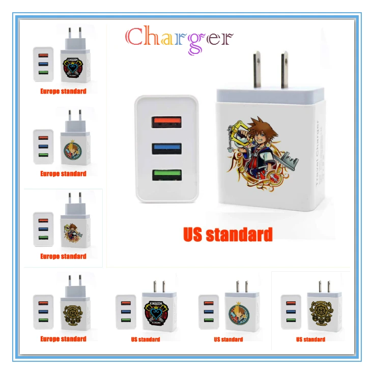

Giancomics Kingdom Hearts LOGO Travel Charger Europe US Standard 3-Port USB Power Port Charging for Smart Mobilephone Convenient