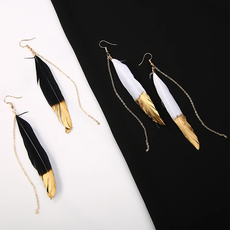 

Fashion Bohemian Drop Earring Jewelry Gift Feather Tassel 1Pair For Women Girl Female Gift Long Chain Black White