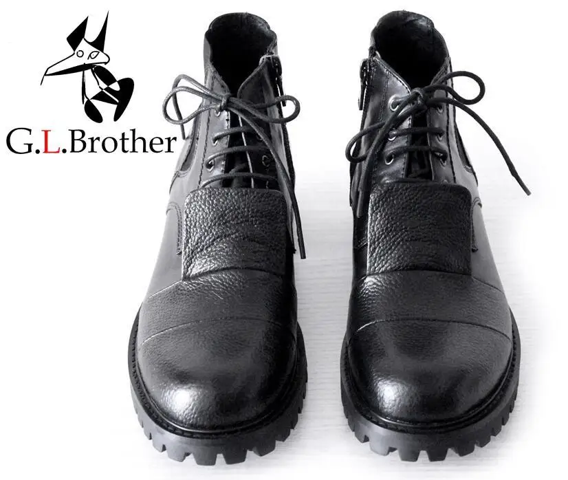 

England Street Style Lace-up Boots Elastic Belt Decorated Leather Hand Zipper Boots Big Head Men Boots