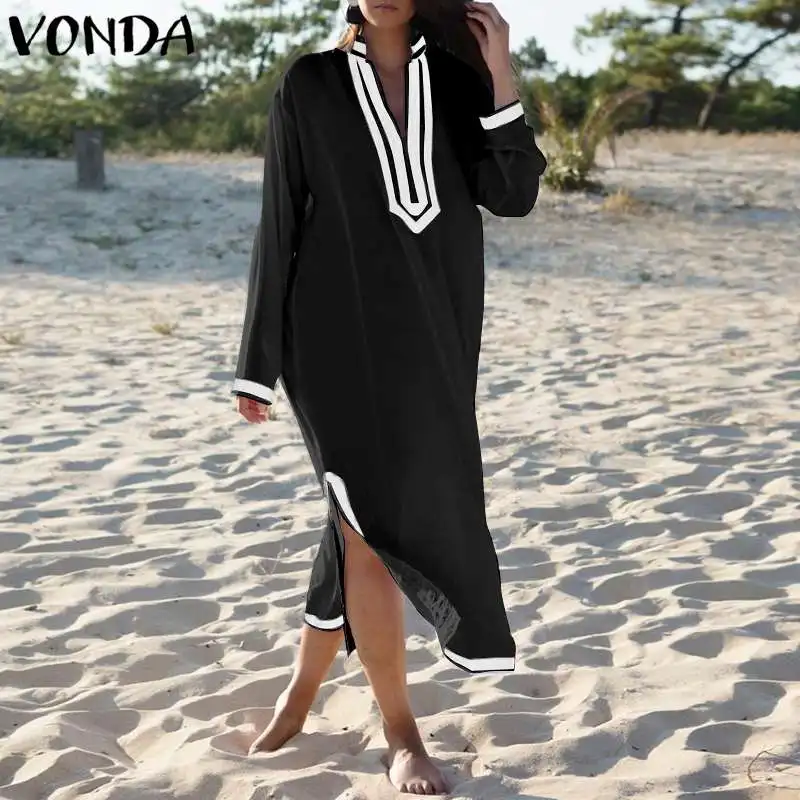 

VONDA Fashion 2019 Autumn Dresses Women Vintage V Neck Long Sleeve Side Split Dress Beach Wear Casual Loose Vestidos Plus Size