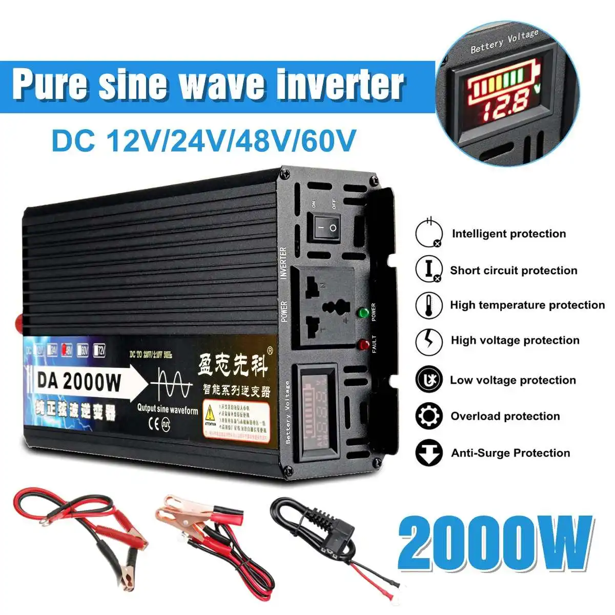 

2000W Voltage transformer Pure Sine Wave Power Inverter 12V/24V/48V/60V TO 220V LCD Display Voltage Converter