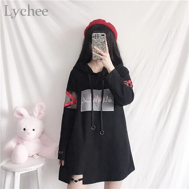 

Lychee Harajuku Mesh Patchwork Electrocardiogram Hooded Sweatshirt Hollow out Long Sleeve Sweatshirt Causal Loose Sweatshirts