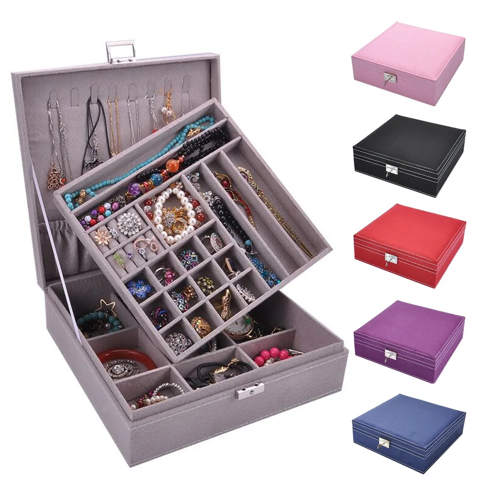 

Luxury Jewelry Box Ring Necklace Organizer Wooden Choker Fashion Large Square Faux Suede Makeup Jewelry Display Storage Case^