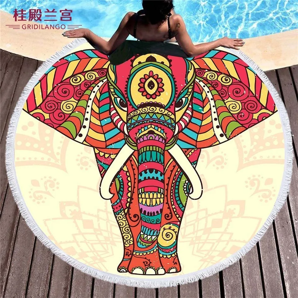 

GRIDILANGO Bohemia Elephant Round Beach Towel For Adult Quickly Absorbtable Swimming Travel Outdoor Home Yoga Mat Bath Towel