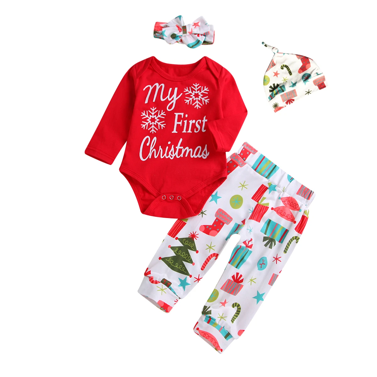

pudcoco My First Christmas 4PCS Set Newborn Baby Boy Girl Romper +Pants Bodysuit clothes set xmas clothes set baby girl boy