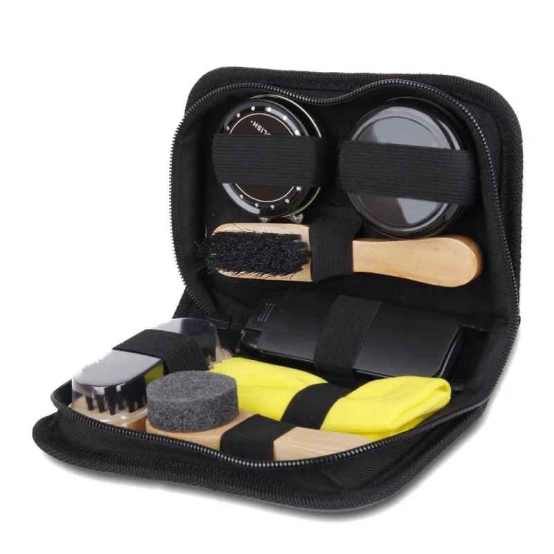 

ABDB-Portable Shoe Care Kit (Black & Neutral Shoe Shine Polish Oil, 3 Brushes, 1 Buffing Cloth, 1 Suit Brush, Storage Case)