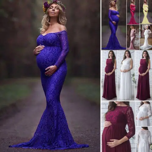 

2018 New Summer 3Colors Women Pregnant Maternity Lace Floral Long Dress Maxi Gown Photography Prop Long Sleeve Off Shoulder