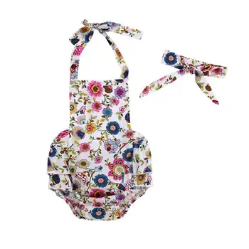 

2pcs/set Cute Baby Girls Sling Rompers Headbands Infant Flower Print Jumpsuit Hairbands Kids Clothes