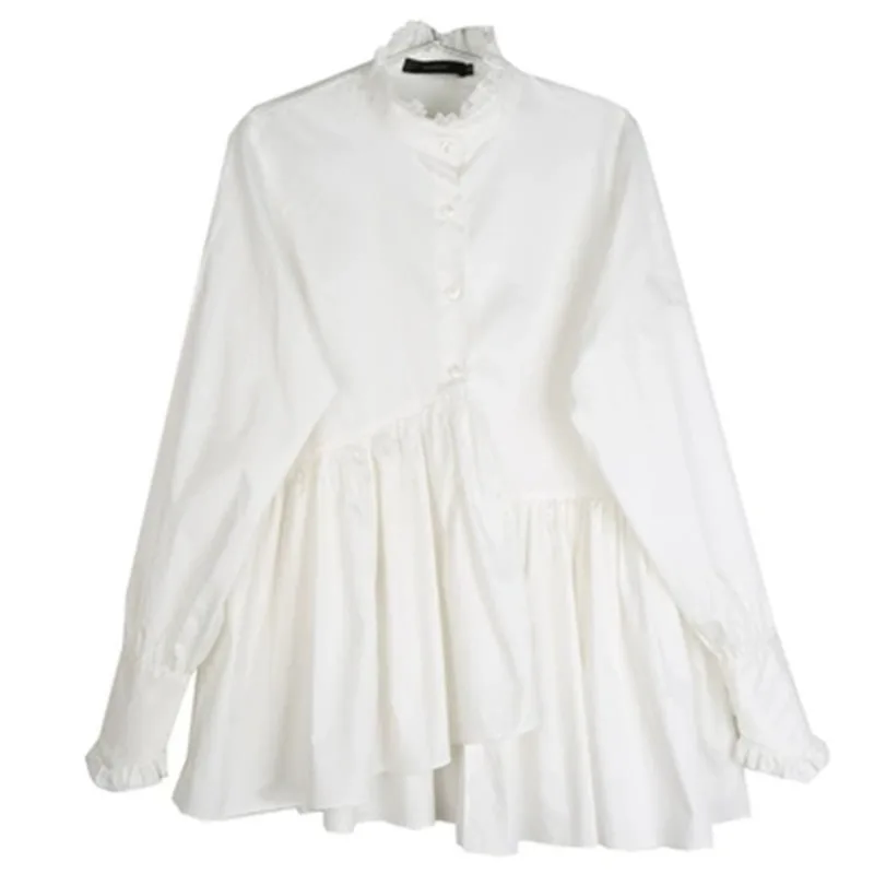 

LANMREM 2019 Spring Woman New Solid White Color Long Sleeve Stand Collar Single Breasted Pleated Irregular Loose Shirt LI219