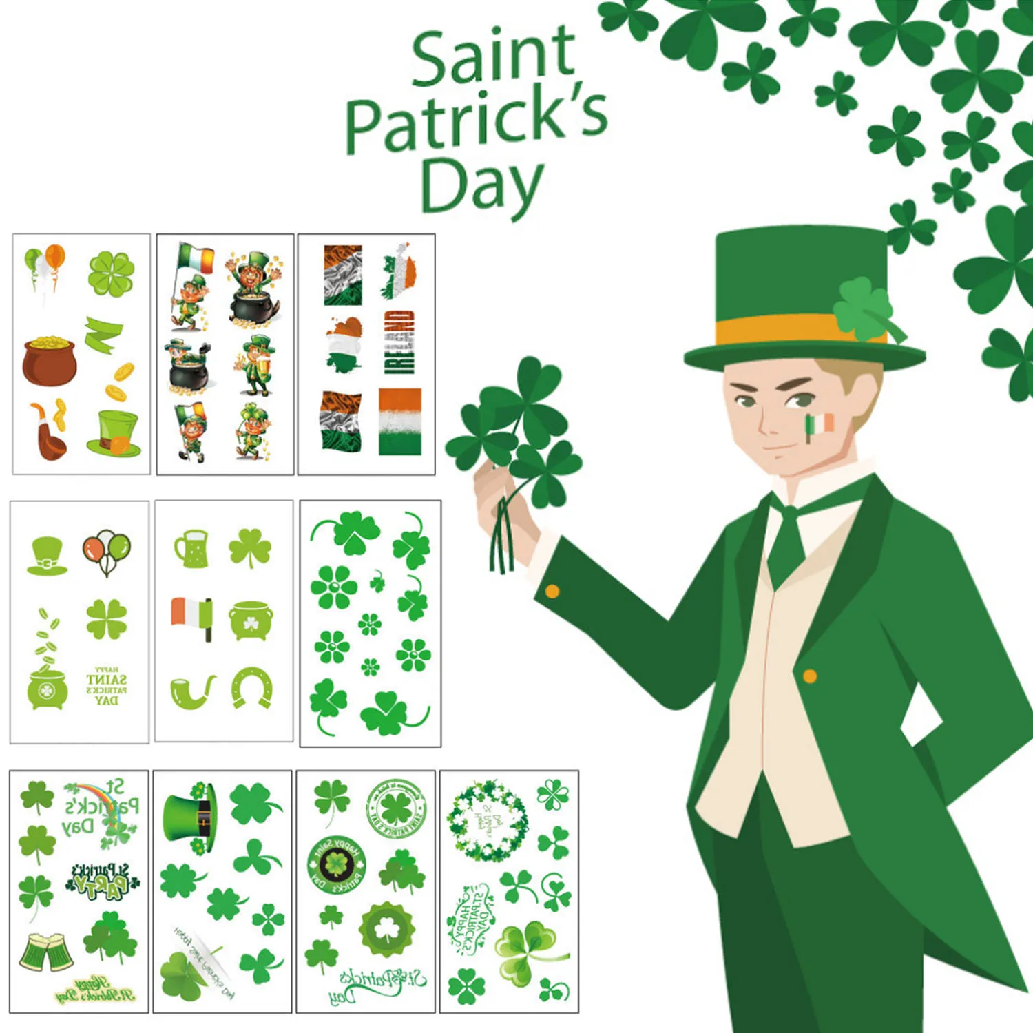 

Behogar 10 Sheet Saint St Patricks Day Temporary Tattoo Face Body Arms Stickers for Irish Fun Party Celebration Supplies