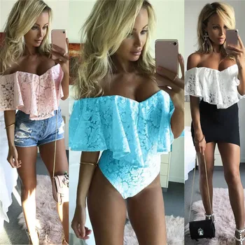 

Sexy Women Lady Jumpsuit Playsuit Romper Lace Ruffled Off Shoulder Bodycon Bodysuit Top