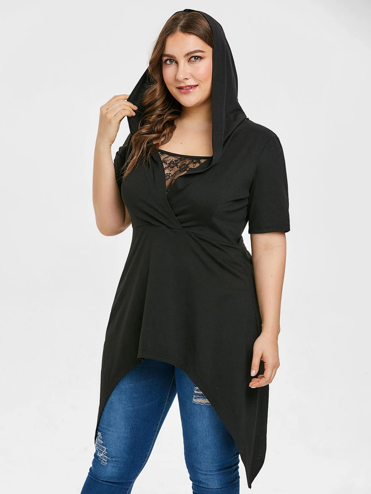 

ROSE GAL Gothic Hooded Lace T-Shirt Plus Size Short Sleeve Black Sexy T Shirt Women Casual Rock Women Summer Retro TShirt Top