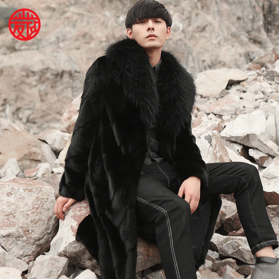 Original design high quality fashion x-long mens real mink fur coat with big fox collar |