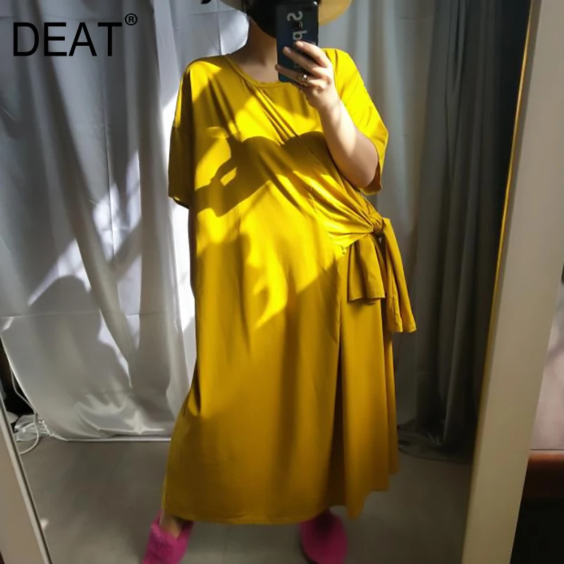 

[DEAT] 2019 New Autumn Winter Round Neck Short Sleeve Yellow Bandage Bow Loose Long Big Size Dress Women Fashion Tide JS22