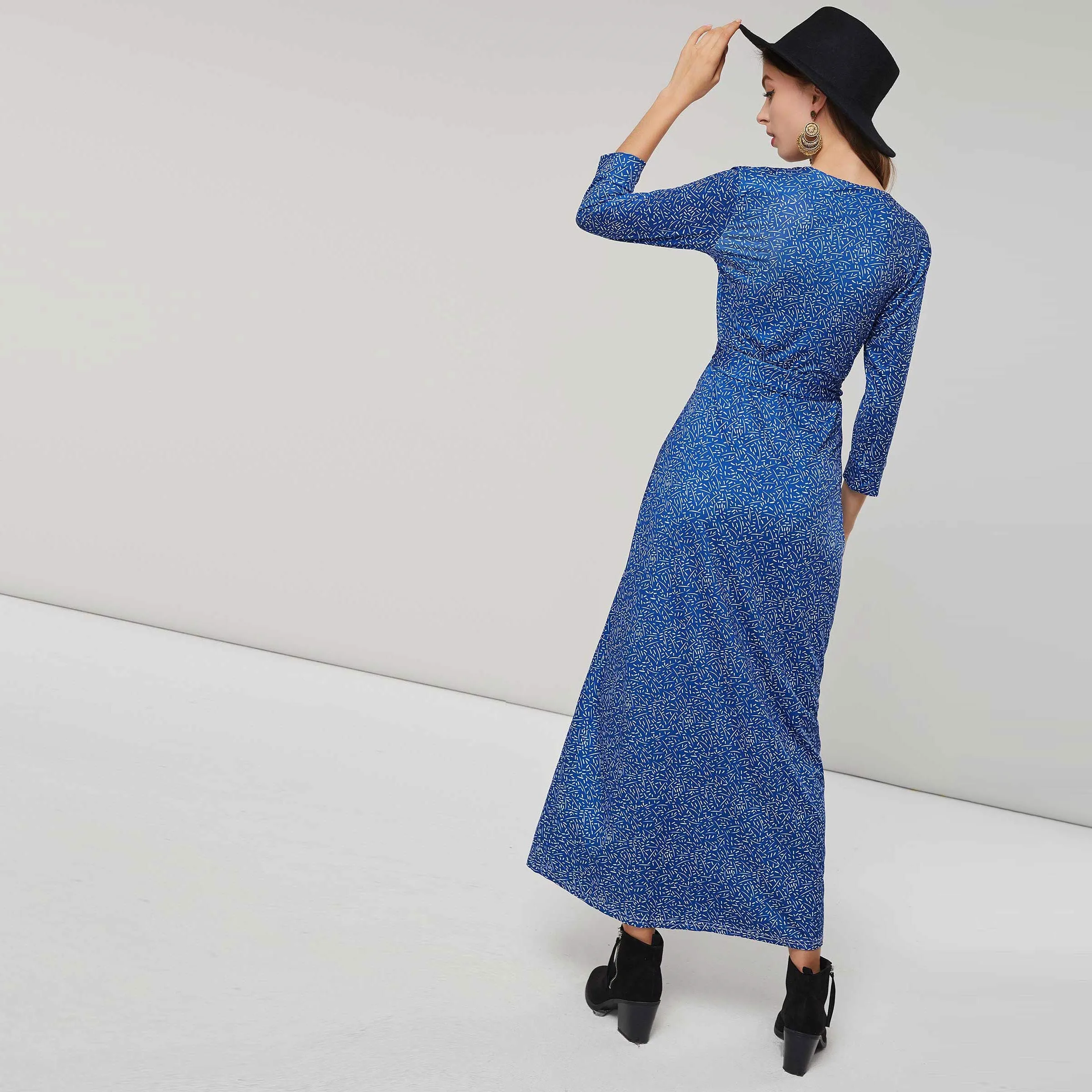 Для женщин макси платья Повседневное Boho синий прямой Высокая талия цветочный