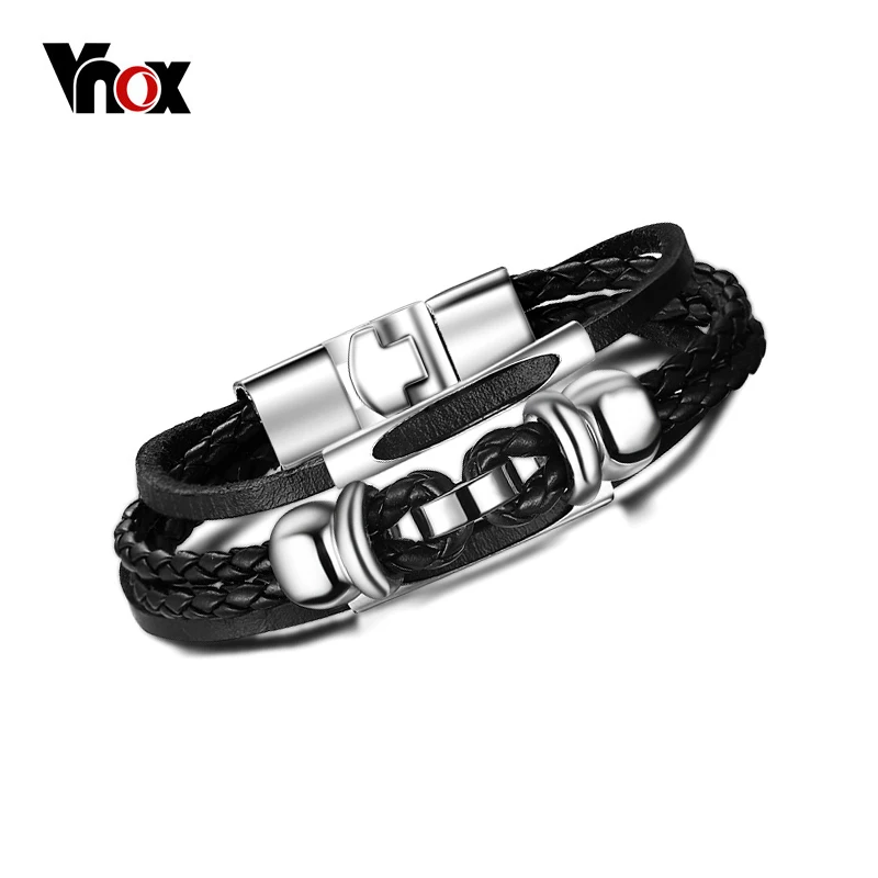

Vnox Men Punk Beaded Alloy Multilayer Braided Rope Leather Cuff Bracelet Bangle Wristband