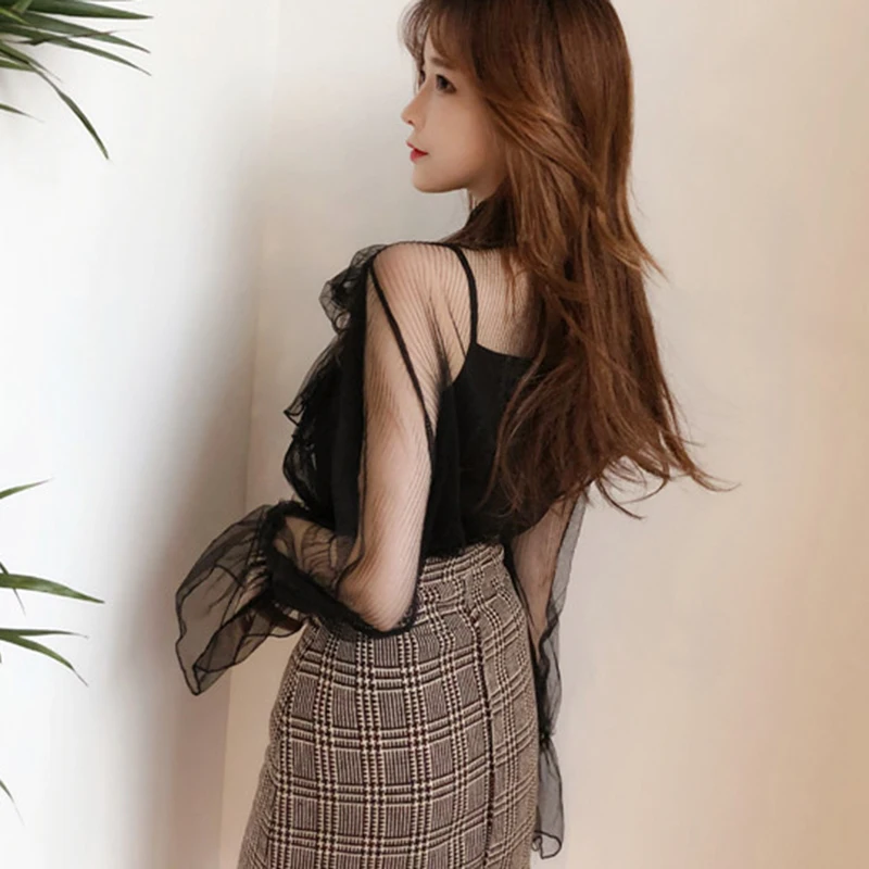 

Womens Fashion Bows Ruffle Long Sleeve Tulle Tops + Strappy Tank Tops 2pcs/set