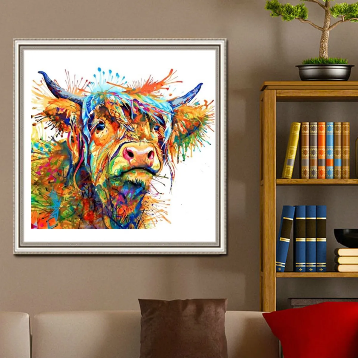 

40x40cm Colourful Long Haired Highland Cow Hanging Painting Calligraphy Home Decor Wall Art Printed Canvas Oil Printing Unframe