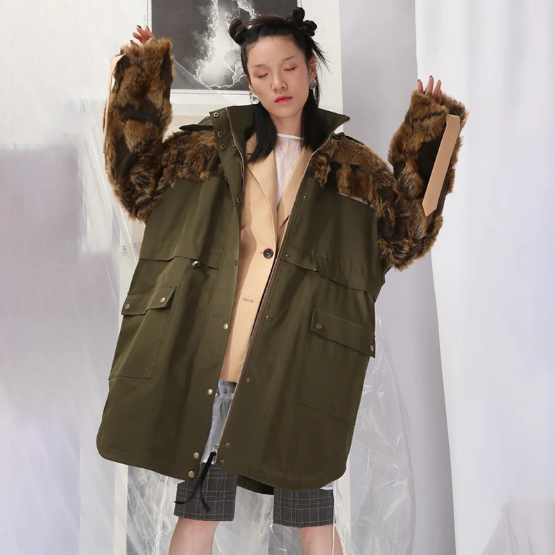 Jk672 khaki Épais Green Vert Mode Armée Point Manteau Rembourré Manches Parkas Nouveau Longues Revers À Fourrure Printemps Coton eam Femmes Chaud 2019 Army qC1BwffH