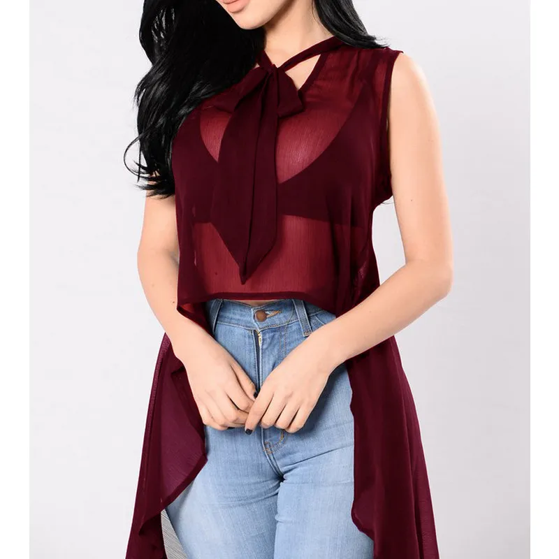 Summer Womens Sexy Blouse Tops See Through Irregular Sleeveless Loose Blouse Casual Shirt Lace Bowknot Sheer Tops Black Red Summer Womens Sexy Blouse Tops See Through Irregular Sleeveless Loose Blouse Casual Shirt Lace Bowknot Sheer Tops Black Red