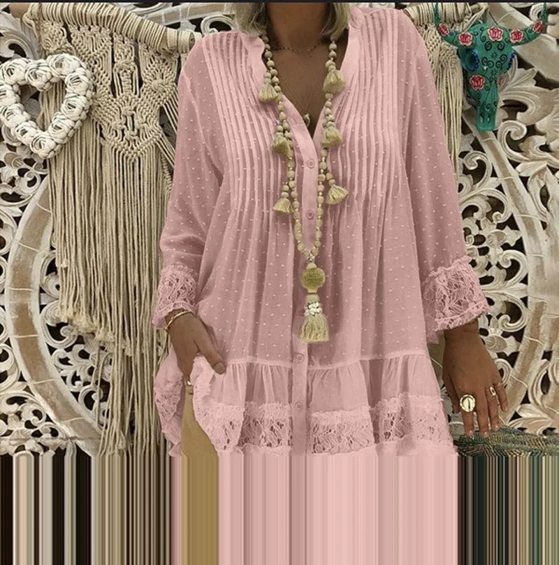 2019 Large Size Lace Chiffon V-Neck Shirt Female Loose Shirt Nine Quarter Women Dot Fashion Blouse