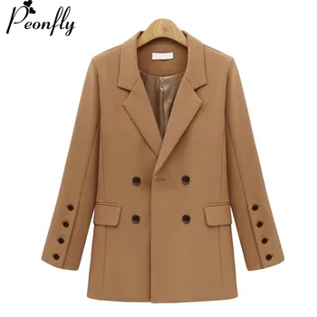 

PEONFLY Autumn Winter Suit Blazer Women Casual Double Breasted Pocket Women Jackets Elegant Long Sleeve Blazer Outerwear