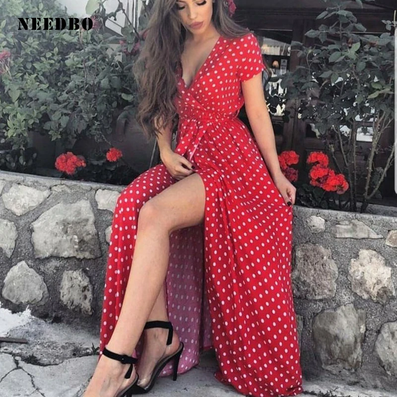 NEEDBO الصيف الساخن بيع ماكسي اللباس قميص أبيض بحجم ضخم النساء اللباس مثير موجة نقطة منخفضة الصدر الخامس الرقبة ماكسي فستان طويل شحن مجاني