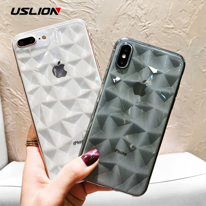 

USLION Clear Silicon Case For iPhone XS MAX XR X 8 Plus 3D Diamond Pattern Phone Cases For iPhone 7 6 6S Plus Soft TPU Cover