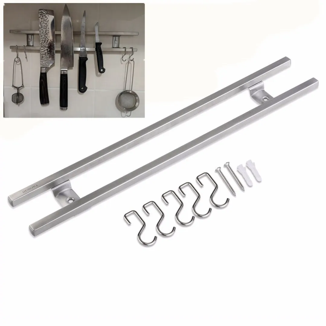 

Wall Mounted Magnetic Knife Holder Rack with 6 hooks Double Bar Kitchen Utensil Pot Storage Racks Practical Kitchen Tool