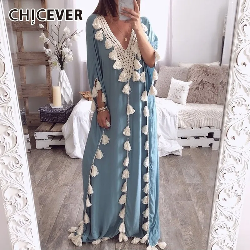 

CHICEVER Summer Bohemian Style Patchwork Tassel Beach Dress For Women V Neck Batwing Sleeve Loose Plus Size Floor Length Dresses