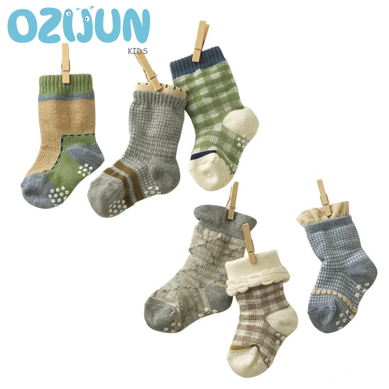3 пар/лот, Нескользящие домашние носки для маленьких мальчиков короткие хлопковые носки в зеленую клетку носки для четырех сезонов детские носки для мальчиков, Размеры S/M/L