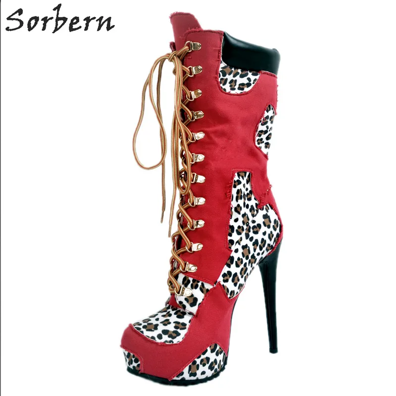

Denim Red Leopard Women Winter Boots High Heels Lace Up Sexy Ladies High Heels Boots Shoe Luxury Brand Woman Platform