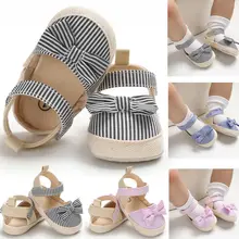 Летние милые сандалии с бантом для маленьких девочек; обувь для кроваток; полосатый крючок; повседневная детская обувь на мягкой подошве; 0-18 месяцев