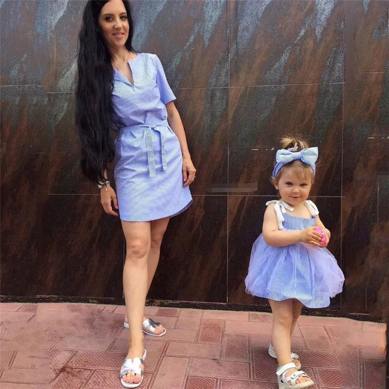 

Family Matching Girl Dress Striped Short Sleeve Belt Mini Dress Mother Daughter Strap Lace-up Tulle Tutu Dress Sundress Hot Sale