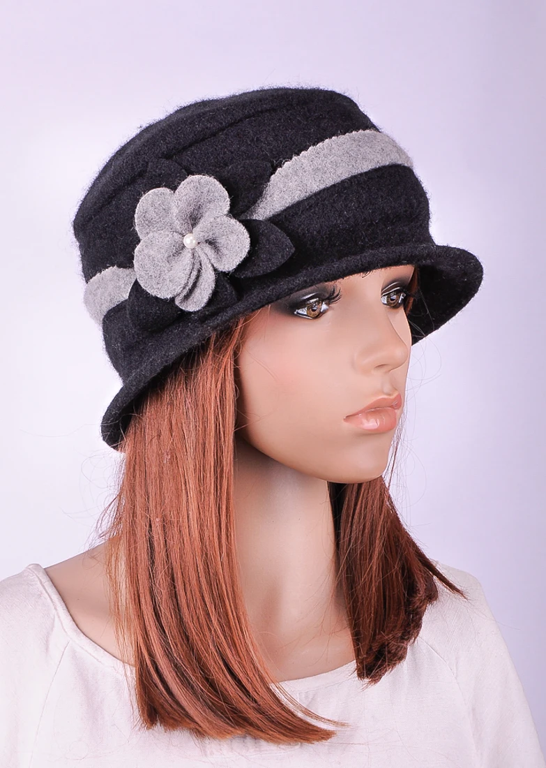 

M569 Women's Vintage Gray Wool Floral Beanie Embellishment Rosette Cloche Bucket Hat Winter Ca