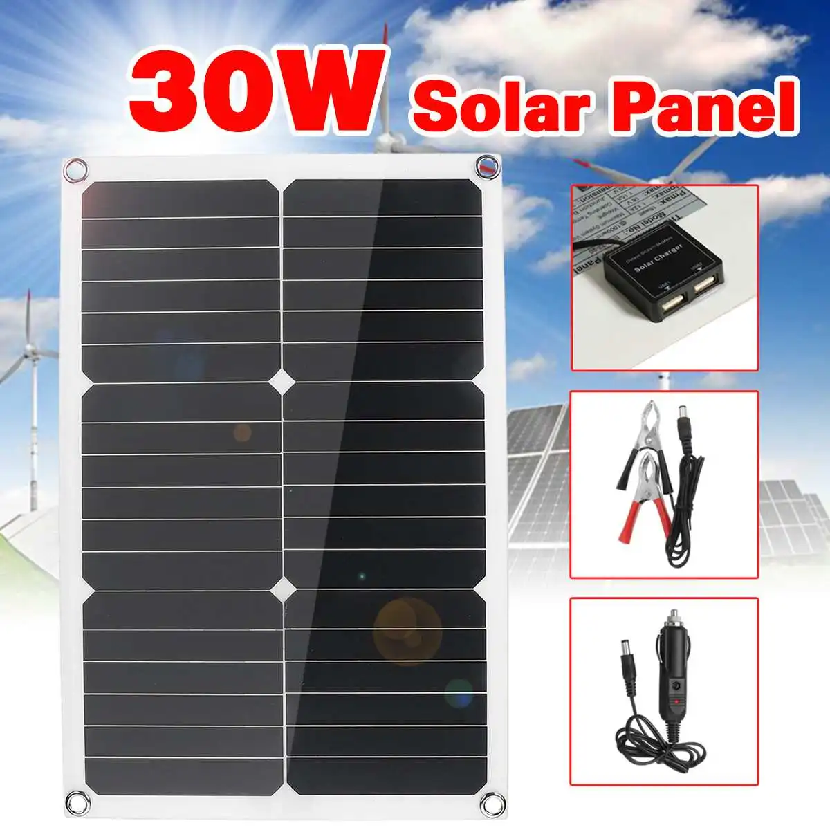 

30W 5V/12V/18V Solar Panel Battery Charger Portable Solar Cell For Phone RV Car Boats Yacht Outdoor Charger Cigarette Lighter