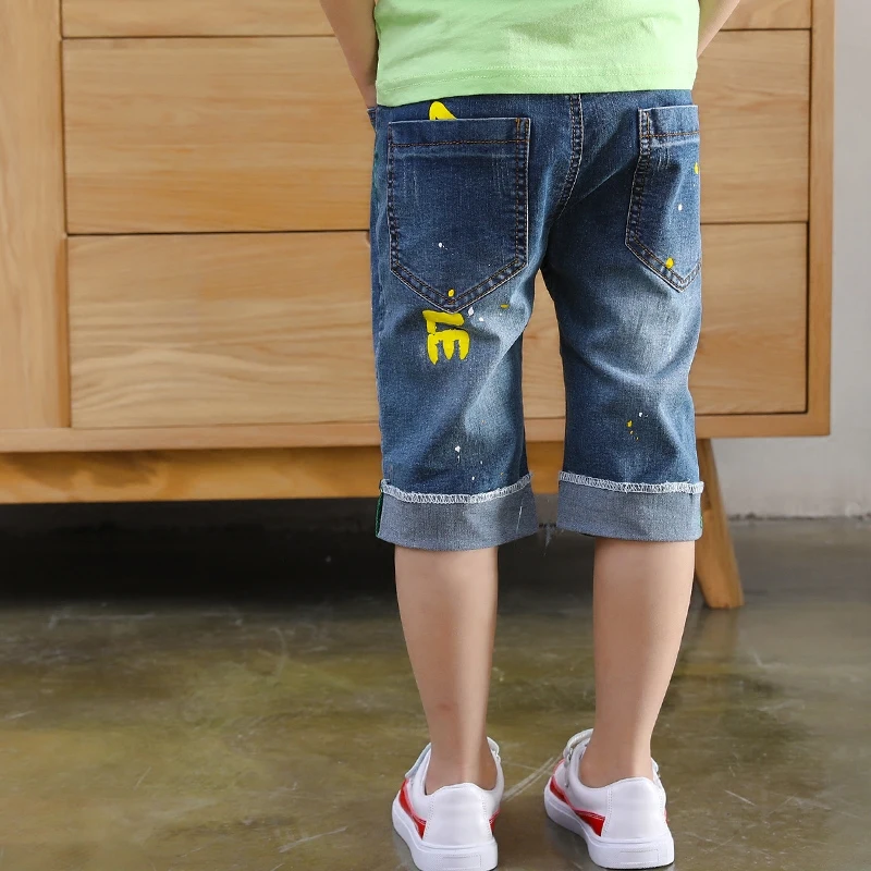 Джинсовые шорты для мальчиков-подростков От 4 до 16 лет, летние повседневные штаны для мальчиков с буквенным принтом мягкие хлопковые джинсы короткие прямые штаны
