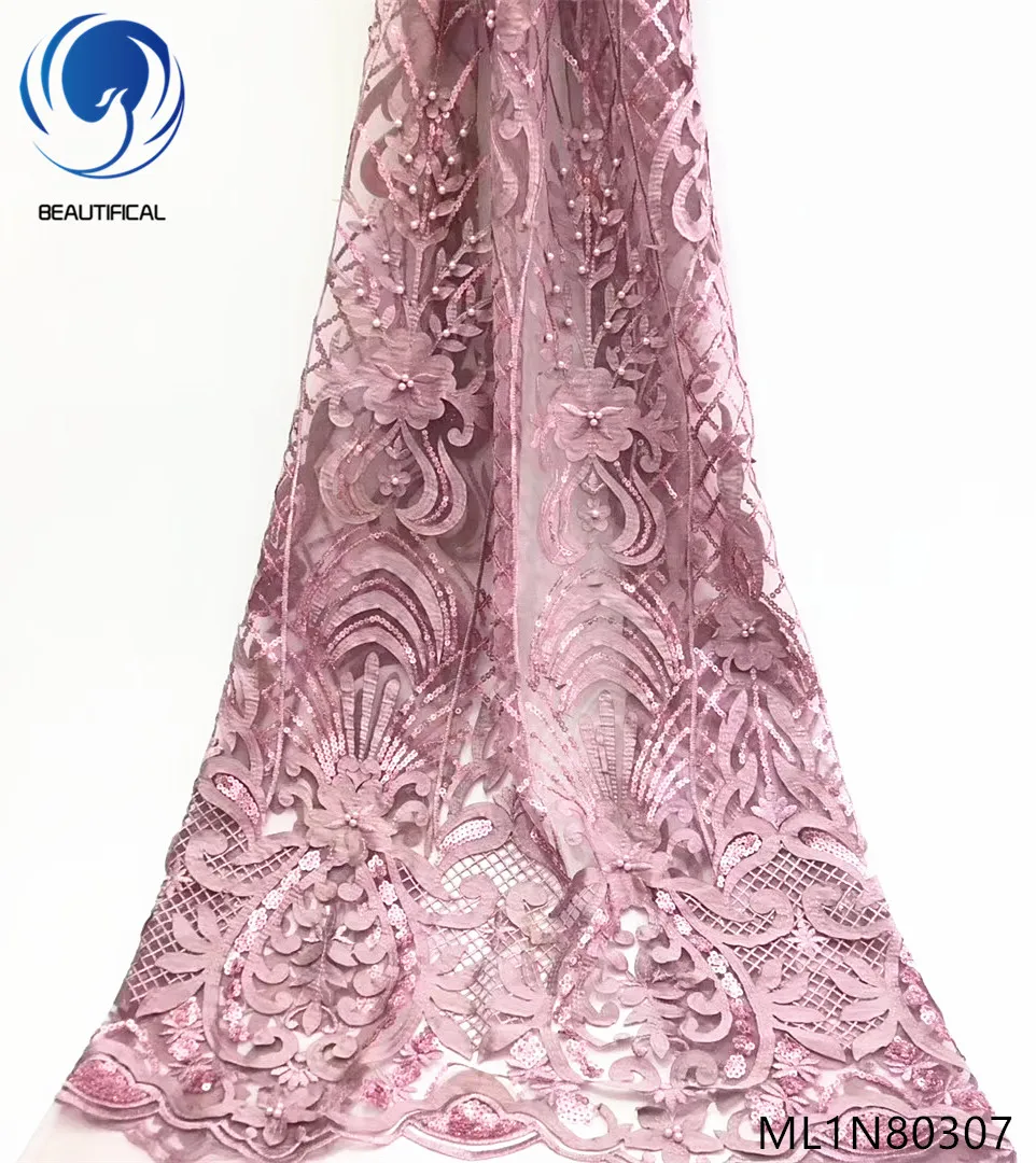 

BEAUTIFICAL latest french nigerian laces fabrics high quality net lace fabric with sequins and bead free shipping sales ML1N803
