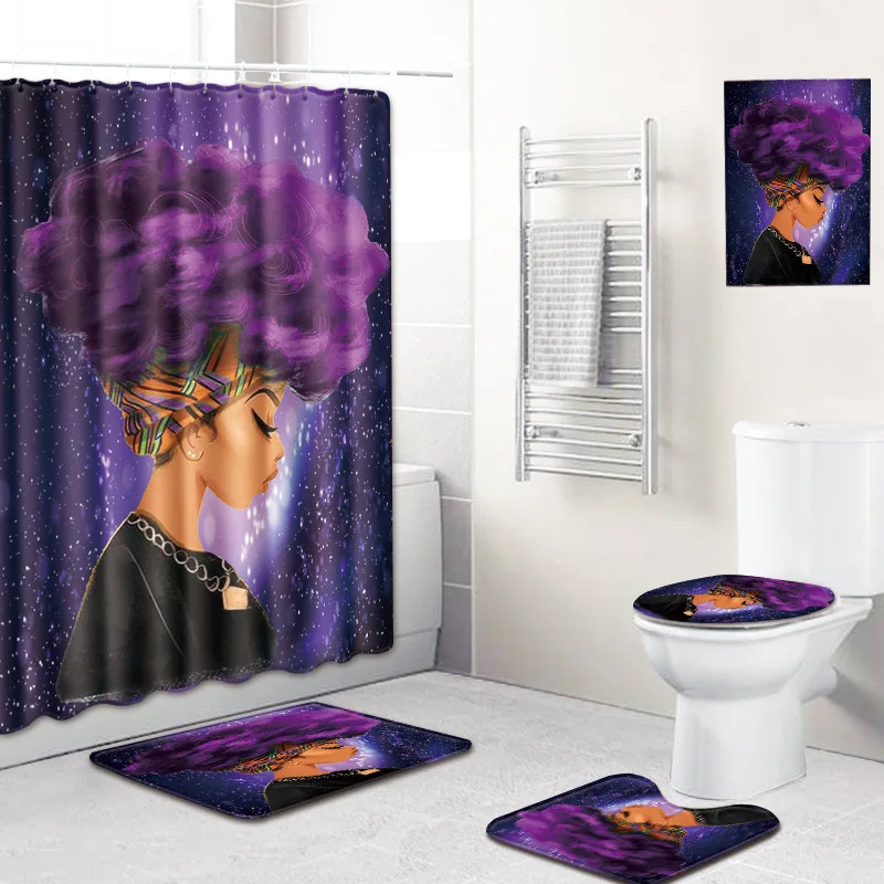

4 Pcs African Girl Shower Curtain/Bath Mat/Toilet Pad Set Character Pattern Anti-slip Toilet Pattern Carpet Flannel Bath Mat