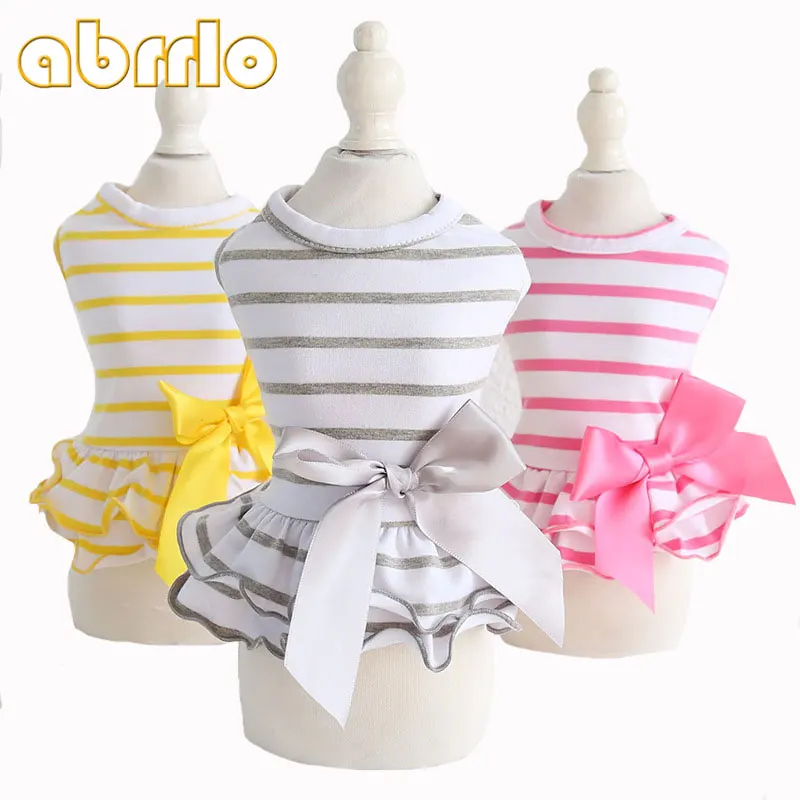 

Abrrlo Dog Dress Summer Cute Bow Dog Dresses Striped Ripple Cotton Dogs Vest Dress Clothing For Small Pet Puppy Shih Tzu Green