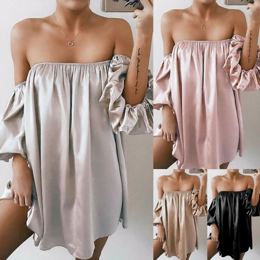 

Hot sale solid slash neck sexy Women Long Bell Sleeve Ruffled Flounce Off Shoulder t-shirt Casual Shirt Tops