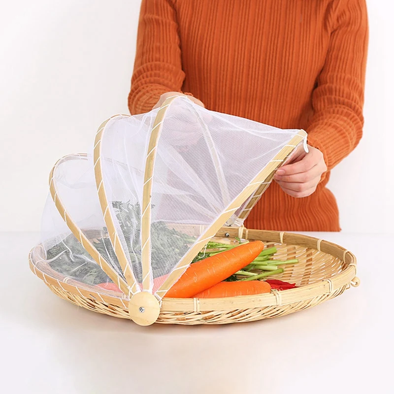 

1Pc Hand Woven Bug Proof Basket Dustproof Picnic Basket Handmade Fruit Vegetable Bread Cover Wicker Basket With Gauze