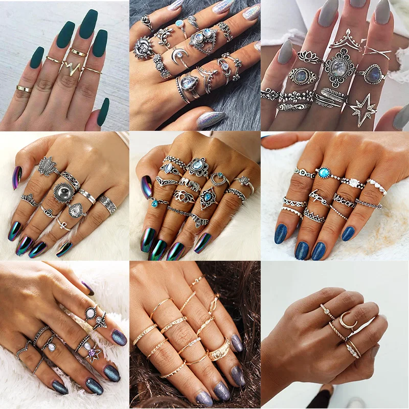 

Fashion Bohemia Rings Set Antique Gold Silver Elephant Flower Rose Heart Crown Knuckle Finger Midi Ring for Women Jewelry