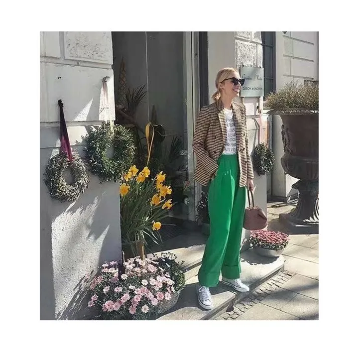 New V-Neck Turn-Down Collar Plaid Blazer Coat Vintage Woman Double Breasted Long Sleeved Jacket Casual Checked Loose Coats