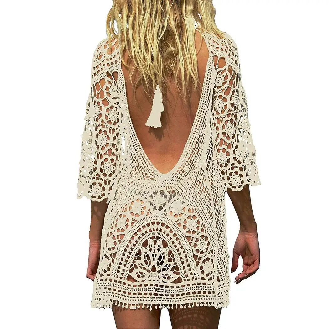 

Women Casual O Neck Floral See Through Casual, Beach Spring, Summer, Fall Low Back Mini Drawstring Cover Up